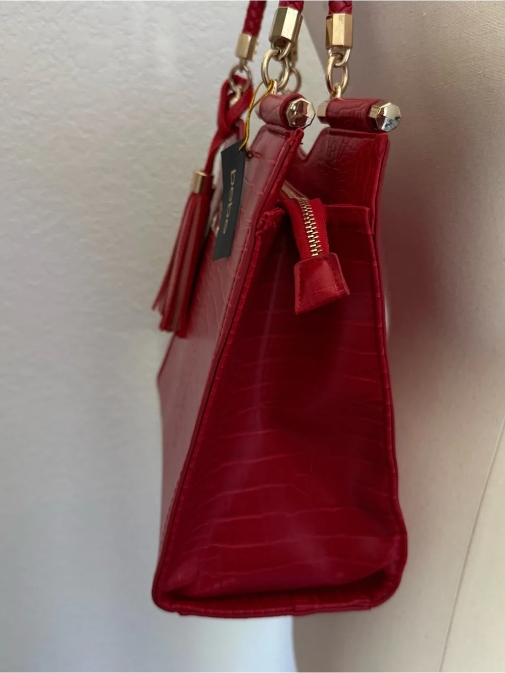 NWT BEBE Red Croc Embossed Handbag Braided Top Handles/Tassels/Crossbody Strap